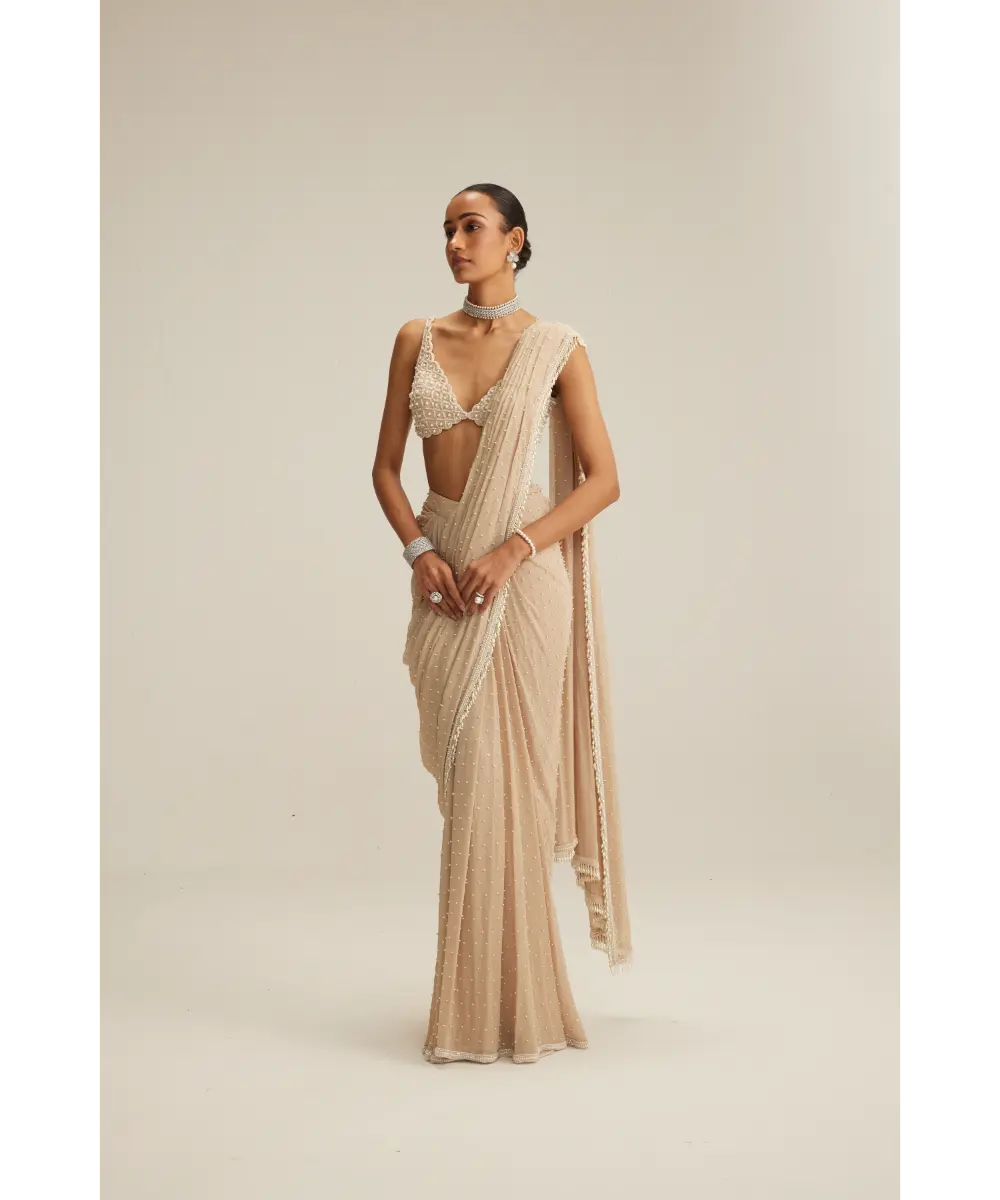 VVANI VATS- Light Beige Draped Saree Set